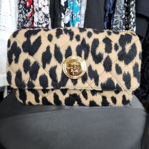 Versace Leopard Print Shoulder Bag with Gold Medallion